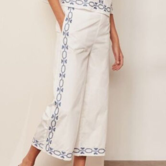 foxiedox Pants - Foxiedox Cotton Crop Wide Leg Trousers Embroidered New White Blue  Size XS & S